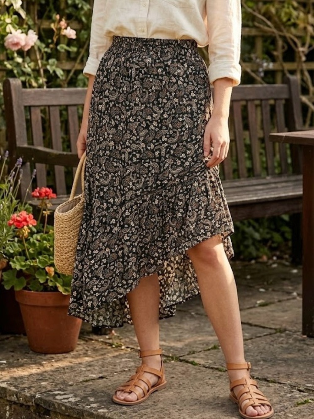 Wild Skye Boho Paisley Floral Asymmetrical Ruffle Midi Skirt Peasant Hippie Chic